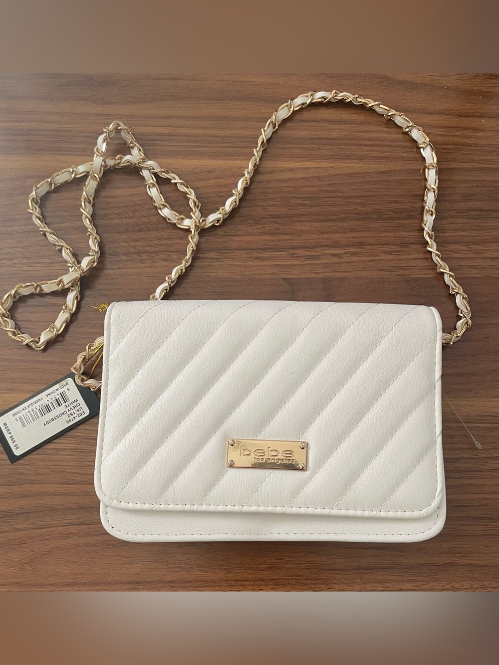 Bebe Cream Quilted Crossbody with Gold Chain